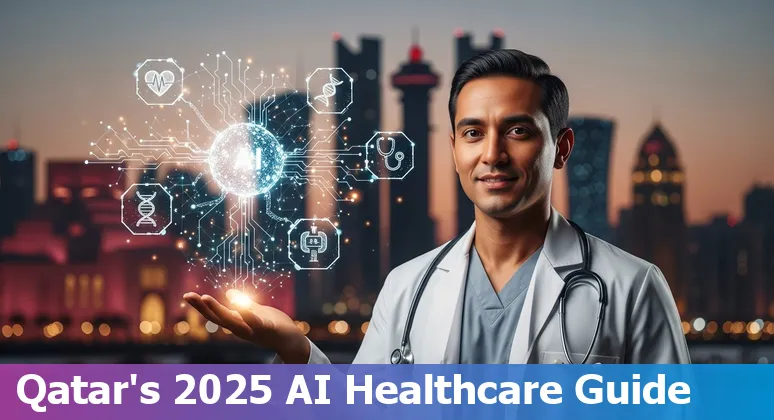 Illustration of AI in healthcare with Doha skyline and Qatar healthcare icons