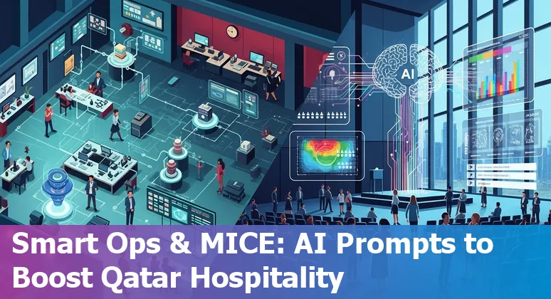 Hotel staff using AI tools on a tablet with Doha skyline and Museum of Islamic Art in the background