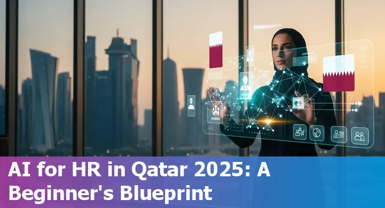 HR professional using AI tools in an office with Qatar skyline visible, representing AI for HR in Qatar