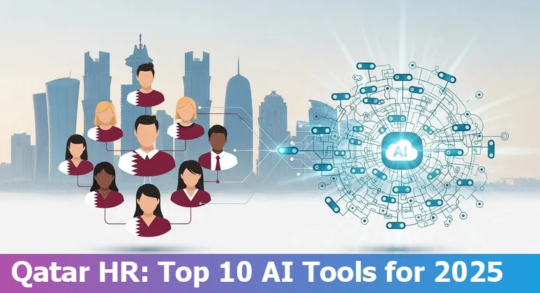 HR professionals in Qatar using AI tools (Elevatus, Paradox, Yomly) with Arabic UI and Doha skyline in background