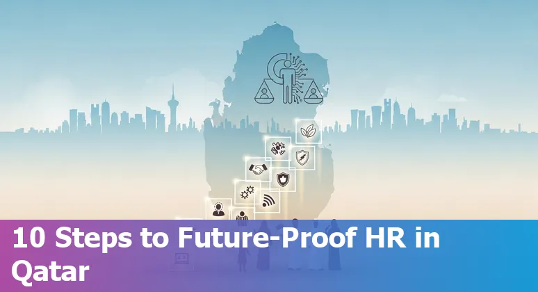 Illustration of AI and HR collaboration in a Doha, Qatar office showing AI tools assisting HR staff in Qatar