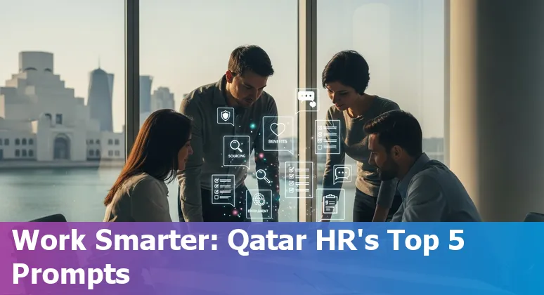 HR professional in Doha using AI prompts on a laptop with the city skyline visible.