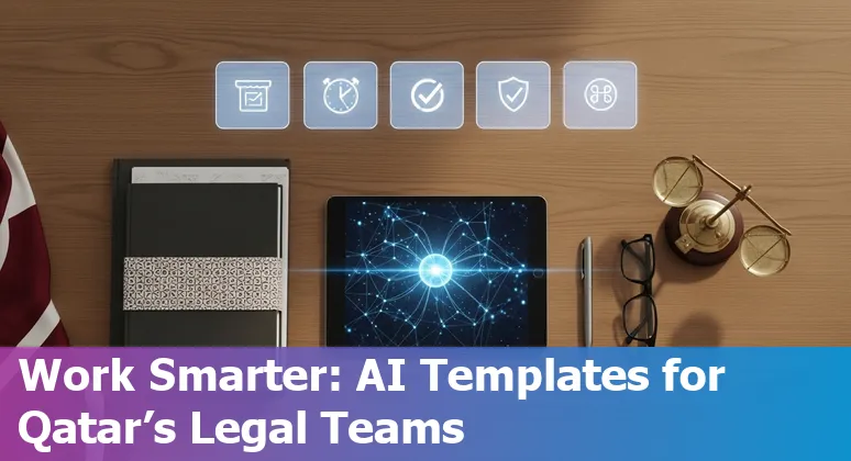 Qatari lawyer using an AI assistant on a laptop with bilingual legal documents and Qatari flag on desk