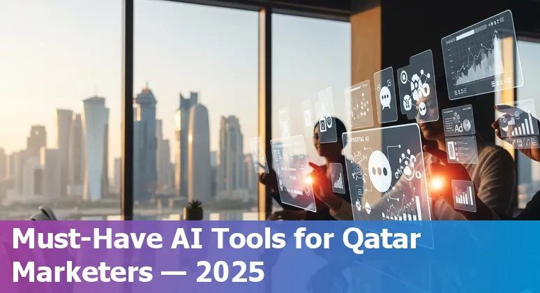 Logos collage: HubSpot, ChatGPT, SEMrush, GA4, Canva, Hootsuite, Mailchimp, Ahrefs, Synthesia, quantilope — AI tools for marketers in Qatar