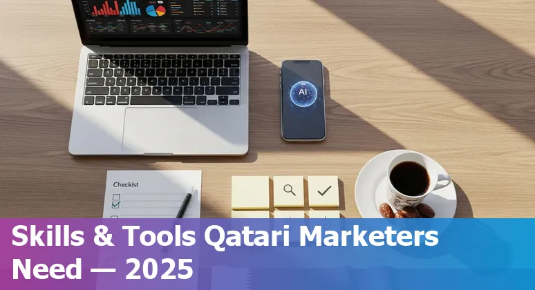 Illustration of marketers using AI tools in Qatar with Doha skyline in background