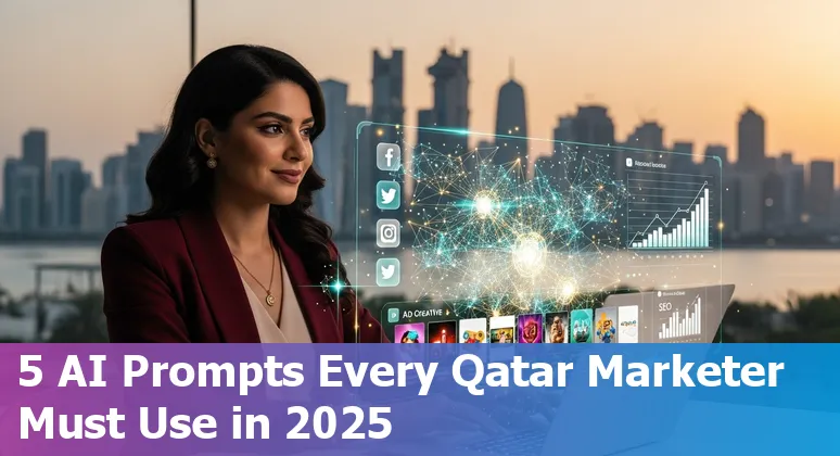 Illustration of AI-powered marketing prompts for Doha showing social posts, ad tests, SEO calendar and Qatar skyline.