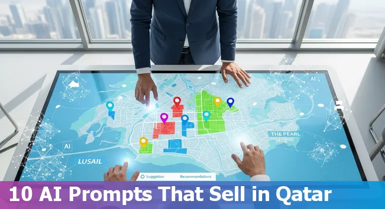 Qatar real estate collage with AI icons and neighborhood labels (Lusail, The Pearl, West Bay)