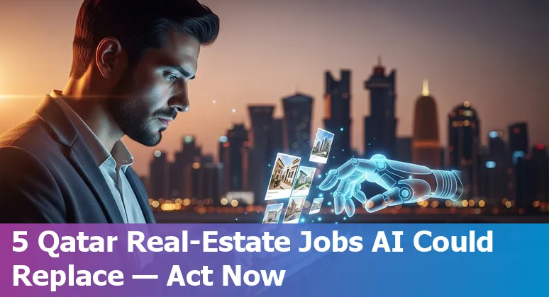 Real estate professional in Doha using a tablet with AI icons overlay and the Doha skyline in the background