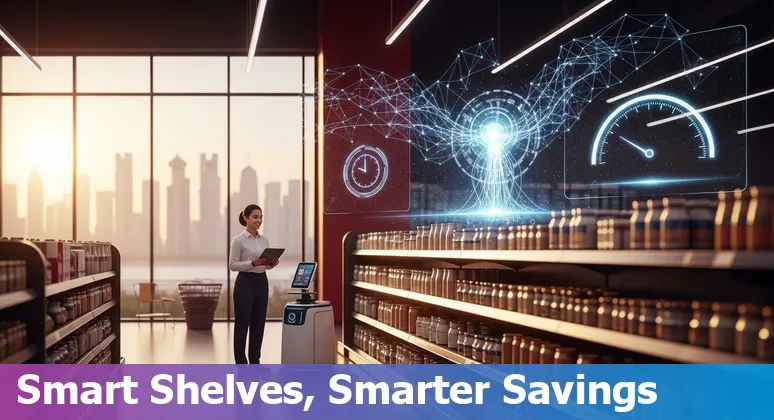 Retail AI in Qatar: chatbot, analytics dashboard and store shelf showing efficiency gains in Qatar