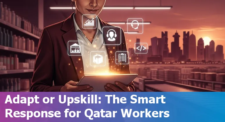 Doha retail workers near self-checkout kiosks with an AI dashboard tablet showing analytics