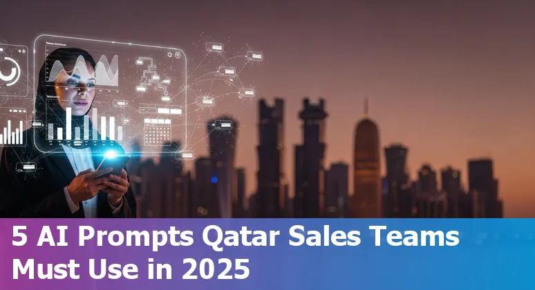 Sales professional using AI prompts on a laptop with the Doha skyline visible through a window