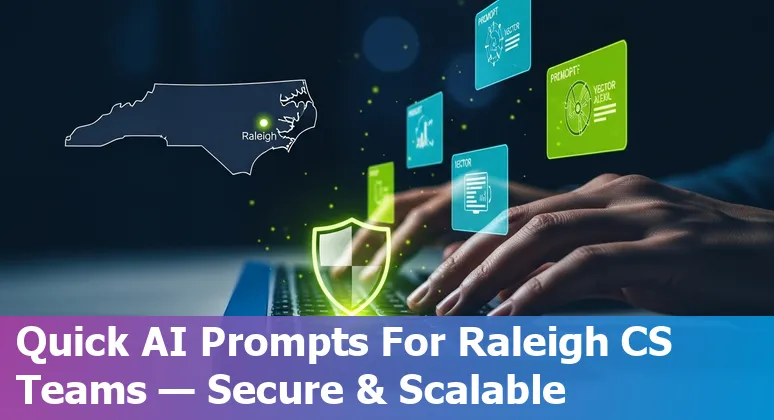 Customer service agent using AI prompts on a laptop in an office with Raleigh skyline in background