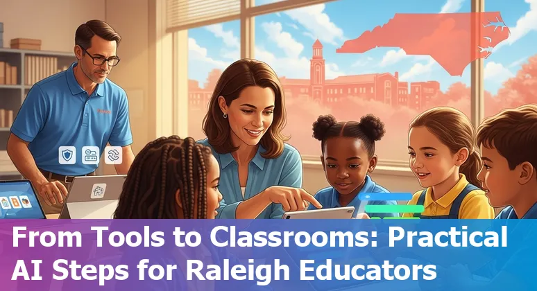 Educators using AI tools in a Raleigh, North Carolina classroom in 2025, showing students and teachers collaborating with AI.
