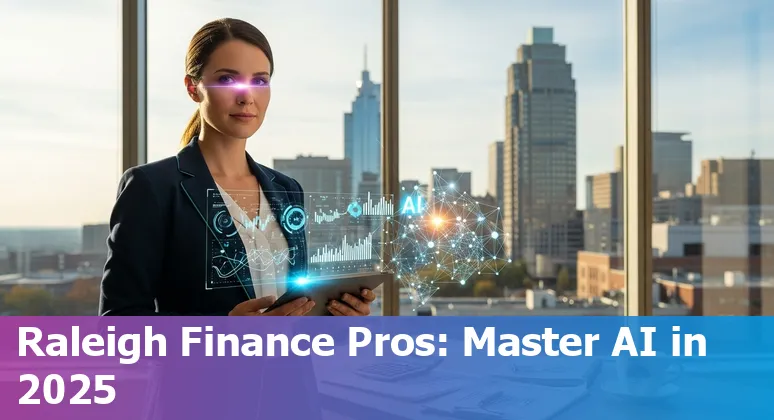 Finance professional using AI tools in an office with a Raleigh, North Carolina skyline visible in the background