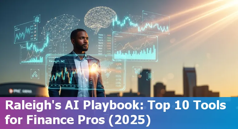 Finance professional reviewing AI tool dashboards with Raleigh skyline in the background