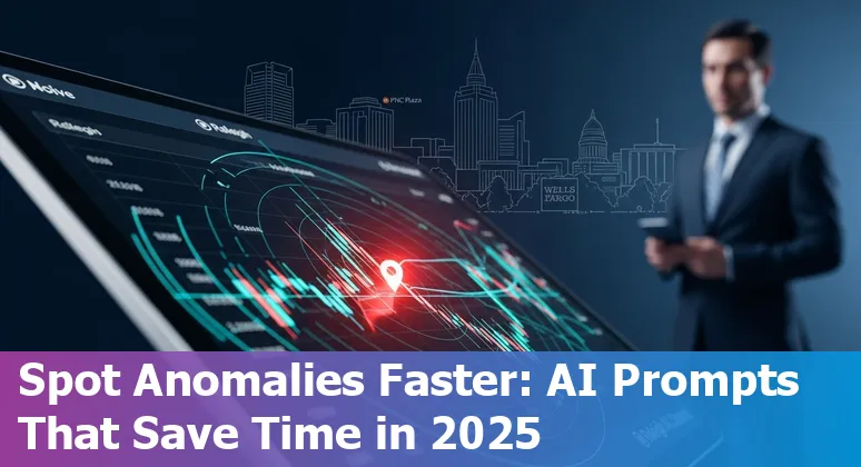 Raleigh finance professional using AI prompts on a laptop with downtown Raleigh skyline in the background.