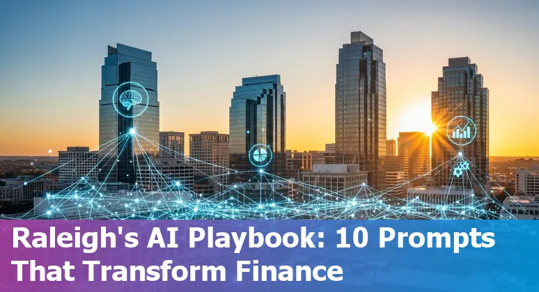 AI assistant helping finance teams in Raleigh, North Carolina, with charts and local skyline in background