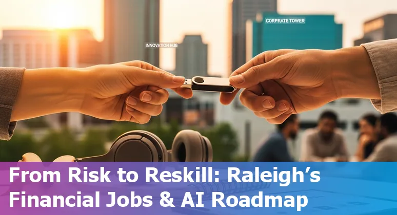 Raleigh skyline with financial icons and AI circuit overlays showing jobs at risk and reskilling pathways.
