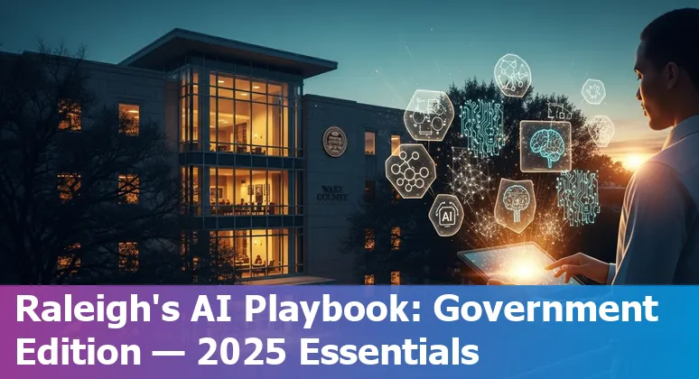 City skyline of Raleigh, North Carolina with icons representing AI, government buildings, and data security.