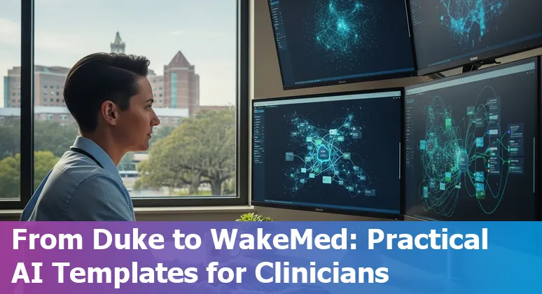 Healthcare worker using AI on a tablet in a Raleigh hospital setting with skyline in background.