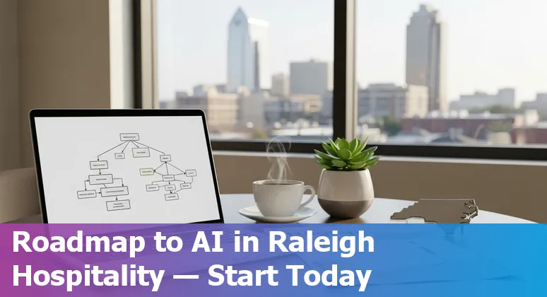 Hotel lobby with AI concierge tablet and Raleigh, North Carolina skyline in 2025 — hospitality AI guide image