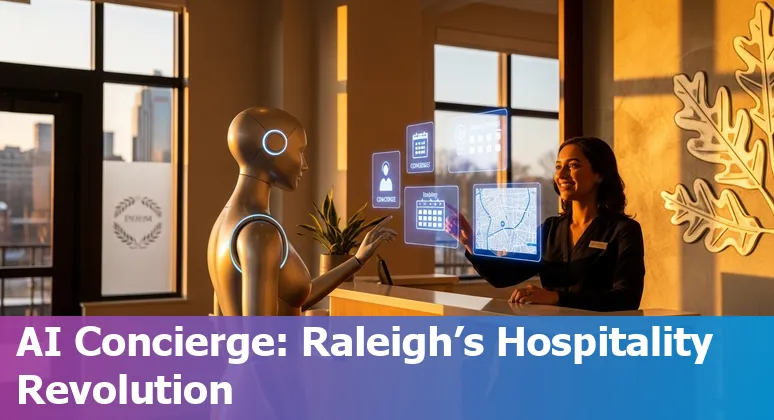 Hotel front desk using AI assistant on a tablet with Raleigh skyline in background