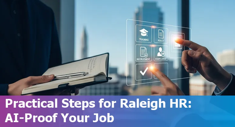 HR professional using AI tools on a laptop in Raleigh, North Carolina skyline background