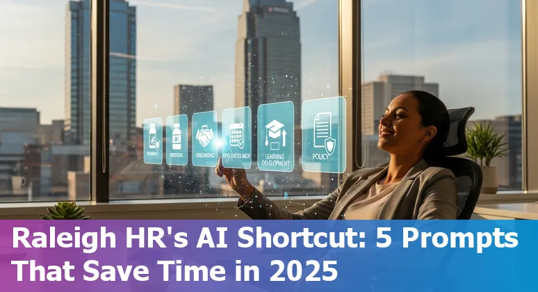 Raleigh HR professional using AI on laptop with skyline of Raleigh, NC in the background.