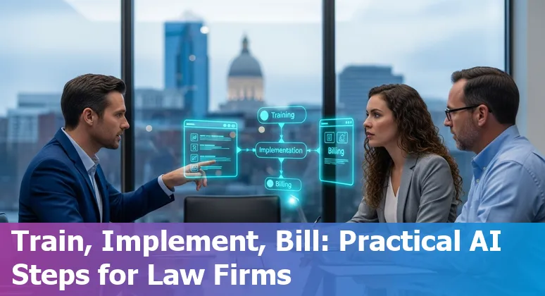 Lawyer using AI tools on a laptop in Raleigh, North Carolina courtroom skyline in background