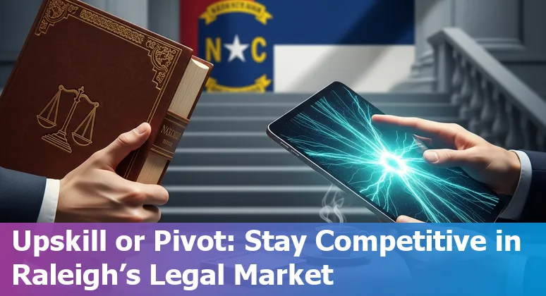 Lawyer reviewing AI tools on laptop in Raleigh, North Carolina skyline background