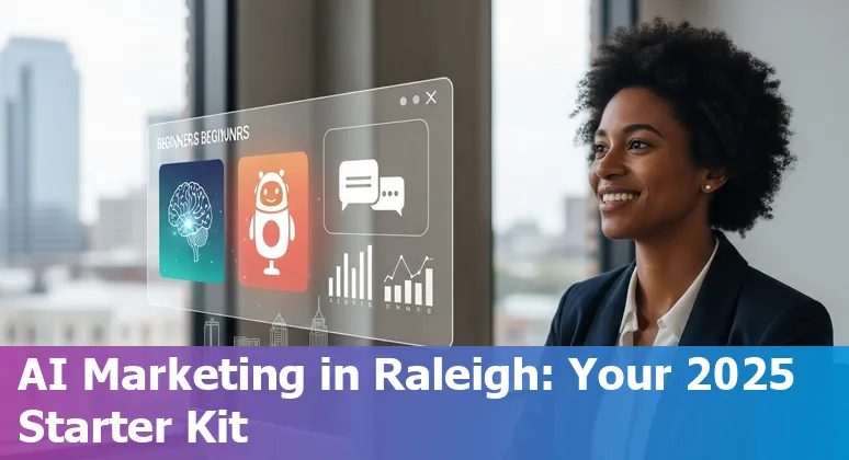 Marketing professional using AI tools at a laptop with Raleigh, North Carolina skyline in the background