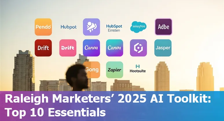 Collage of AI marketing tool logos (Pendo, HubSpot, Salesforce, Adobe, Drift, Canva, Jasper, Gong, Zapier, Hootsuite) over Raleigh skyline.