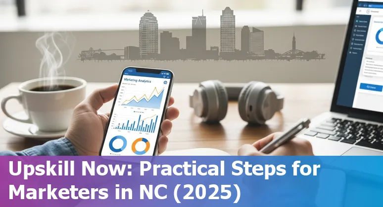 Marketer using AI tools on a laptop with Raleigh, North Carolina skyline visible — image shows AI charts and local map.