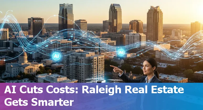 Aerial view of Raleigh, North Carolina skyline with AI and real estate icons highlighting efficiency and cost savings