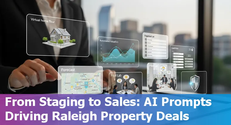 Aerial view of Raleigh neighborhoods with AI icons overlay showing virtual tours, charts, and chatbots.