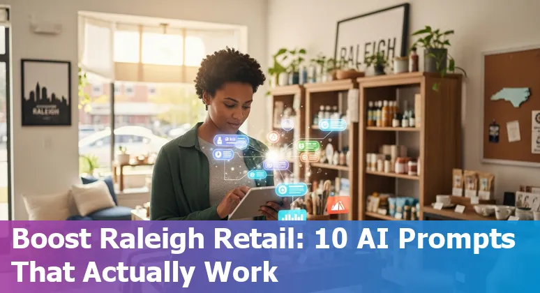 Illustration of a Raleigh retail store using AI: inventory dashboard, chatbot, heatmap and product recommendations.