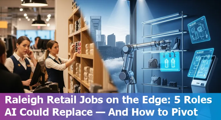 Retail worker using tablet in a Raleigh store with AI dashboard overlay