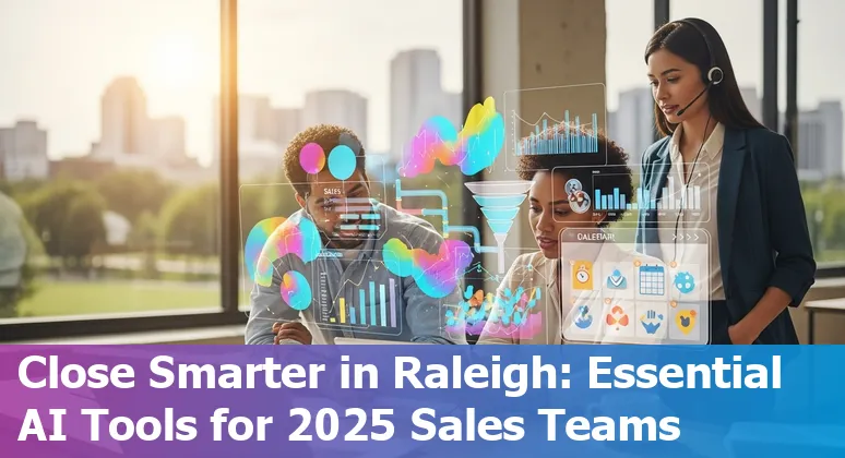 Sales professional using AI tools on laptop with Raleigh skyline in background