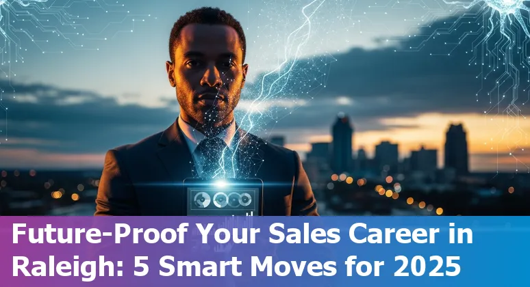 Sales professional using AI tools in Raleigh, North Carolina skyline — preparing for AI-driven sales jobs in Raleigh, NC.