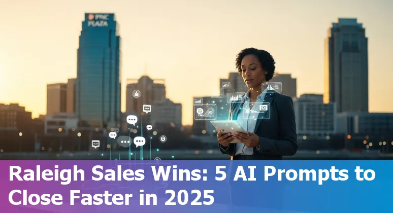 Sales professional in Raleigh using AI prompts on a laptop overlooking the city skyline.