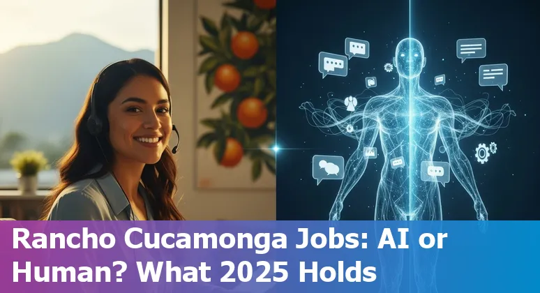Illustration of AI assisting customer service agents in Rancho Cucamonga, California with chatbots, analytics, and human agents in 2025