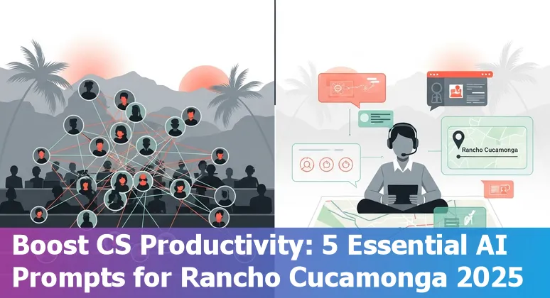 Customer service agent using AI prompts on a laptop with Rancho Cucamonga skyline in the background