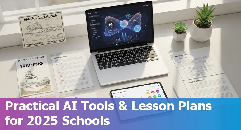 Teachers and students using AI tools in a Rancho Cucamonga classroom, California, US, 2025