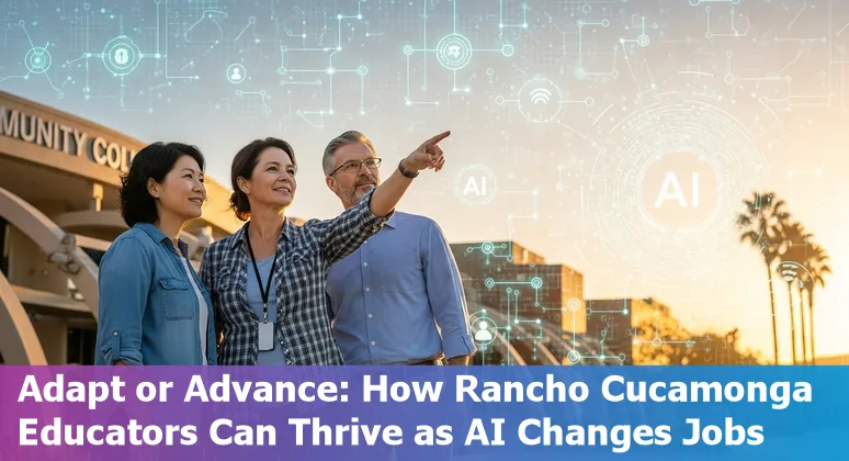 Rancho Cucamonga teachers and school staff collaborating on AI-augmented lesson plans in a California classroom.