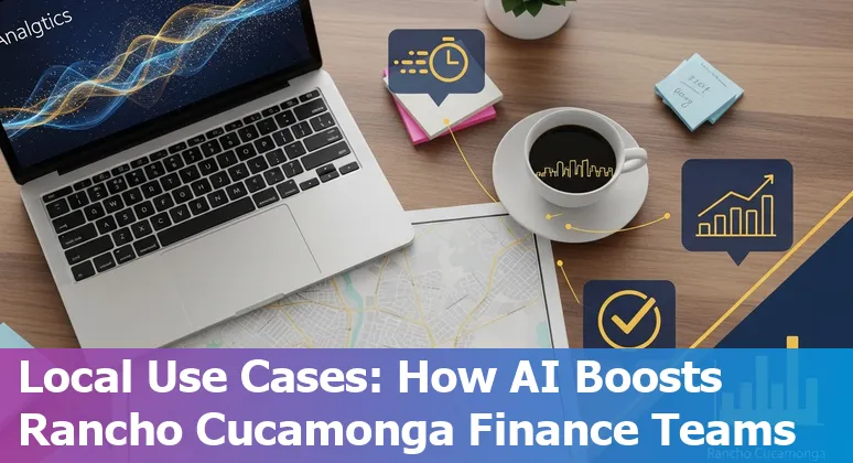 Bank employees using AI chatbot and dashboards in a Rancho Cucamonga financial office