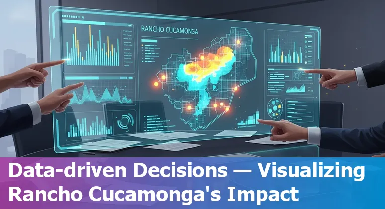 City hall of Rancho Cucamonga concept with AI icons representing municipal services and prompts.