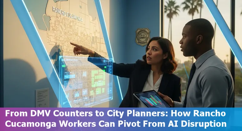 Rancho Cucamonga city hall, DMV sign, and icons for AI and upskilling.
