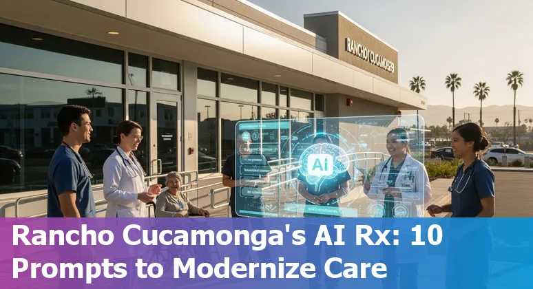 Healthcare professionals using AI dashboards and wearable monitoring devices in a Rancho Cucamonga clinic.