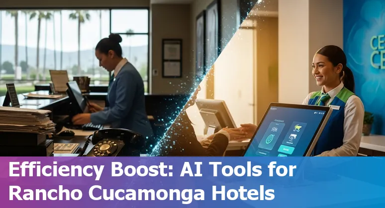 Hotel staff using AI tools on tablets in Rancho Cucamonga, California to improve efficiency and cut costs