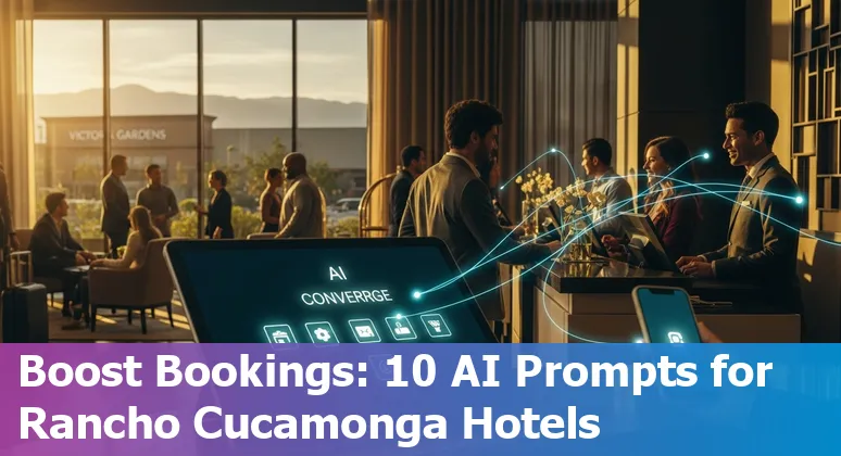 Hotel front desk and AI icons overlay showing AI use cases for Rancho Cucamonga hospitality